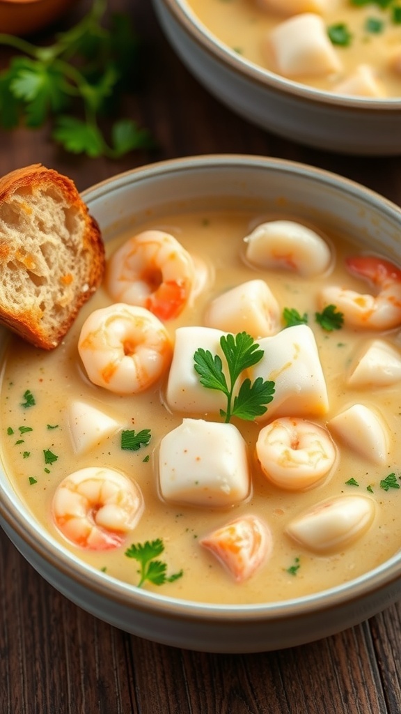 A hearty bowl of creamy seafood chowder with shrimp, scallops, and fish, garnished with parsley, on a rustic table with bread.